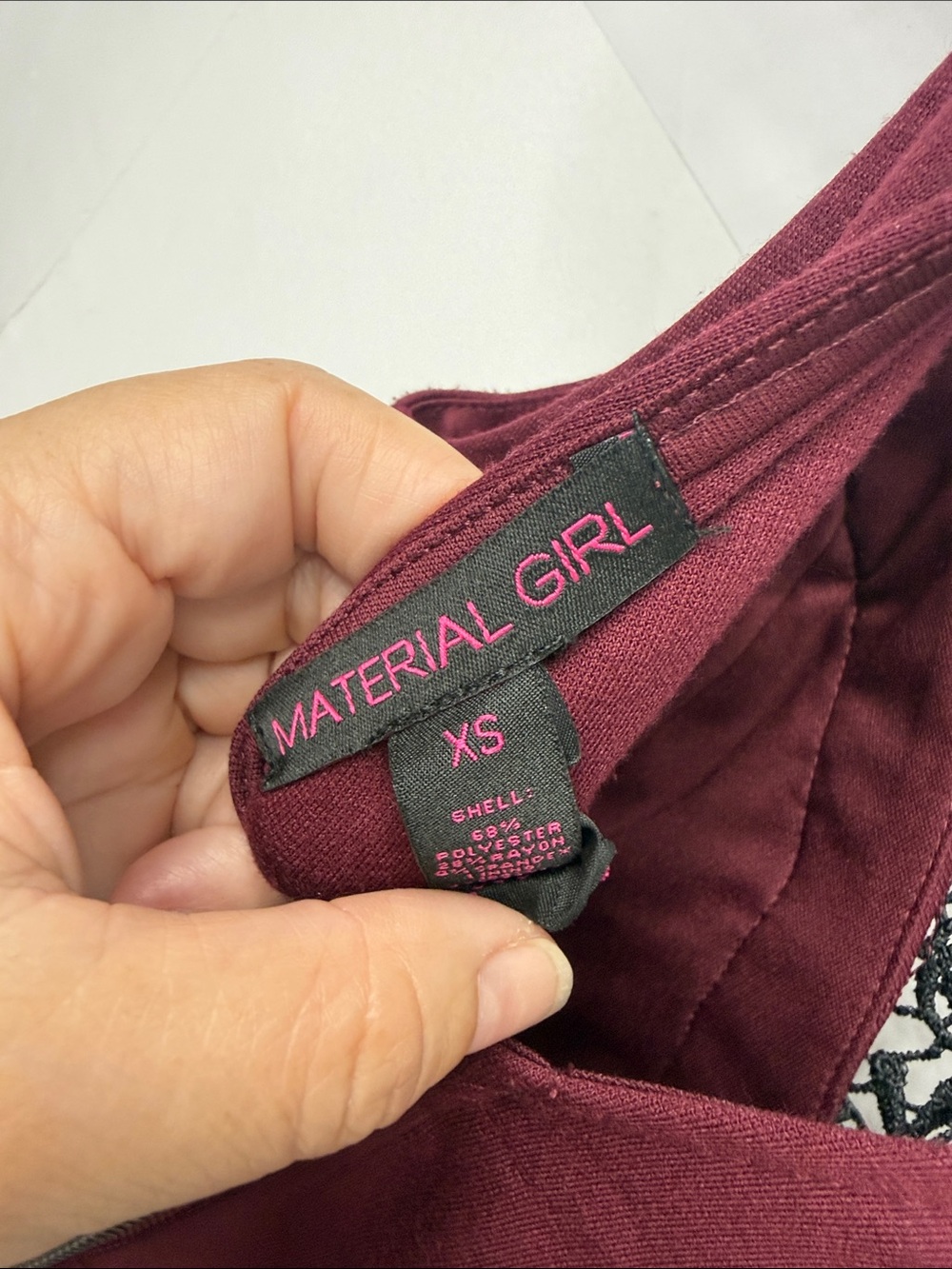 Material Girl Burgundy Mini Dress with Black Lace Yoke - Picture 2 of 5